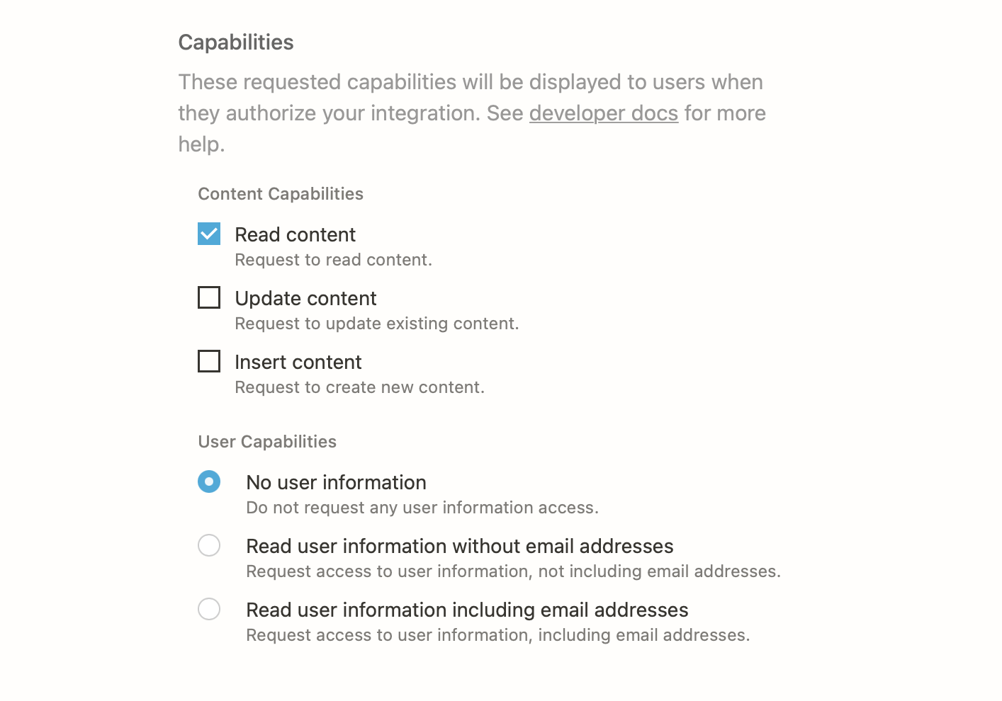 A screenshot of my integration’s capabilities. “Read content” is selected under content capabilities and “No user information” is selected under user capabilities.