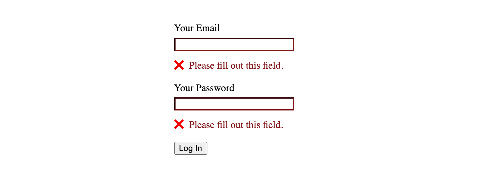 Custom form errors underneath email and password inputs